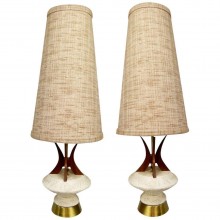Pair of Huge Teak and Chalkware Lamps by Plasto