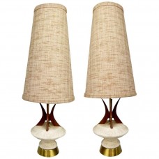 Pair of Huge Teak and Chalkware Lamps by Plasto